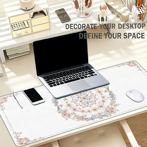 UTELKA Boho Mandala Desk Mat, Flroal Mouse Pad for Desk Large - color: Pink Boho Flroal, size: 31.5L x 11.8W inches