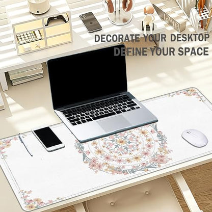 UTELKA Boho Mandala Desk Mat, Flroal Mouse Pad for Desk Large - color: Pink Boho Flroal, size: 31.5L x 11.8W inches