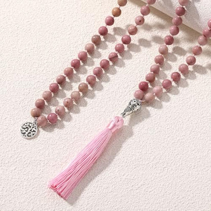 INBLUE 108 Mala Prayer Beads Wrap Necklace with Long Tassel Boho Necklace for Women Amazonite Bead Bracelet with Spiritual Tree of Life Pendant 108 Beads Necklace for Meditation - color: Natural Rhodonite