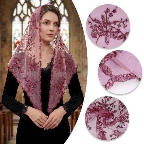 Lystaii Triangle Lace Mantilla Veil Catholic Chapel Head Covering Scarf - color: Dusty Rose
