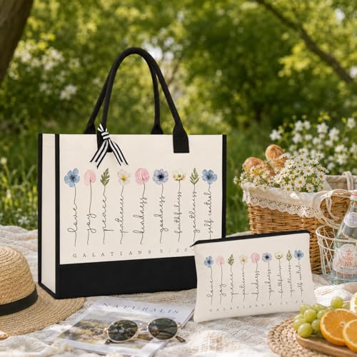 Tecanne Christian Gifts for Women, Canvas Tote Bag with Makeup Bag - color: Galatians 5:22–23