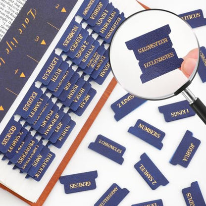 Leather Bible Tabs, Bible Tabs for Women and Men(Gold Foil Lettering) Large Print Stickers, Easy to Read and Apply, 66 Chapters & 14 Blank Labels for Easy Navigation, Bible Study Supplies(Blue) - style: Leather Blue