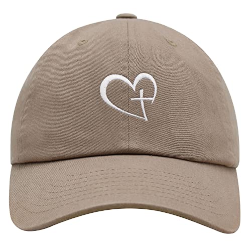 JPAK Heart and Cross Premium Dad Hat Embroidered Cotton Baseball Cap Christian Faith - color: Khaki