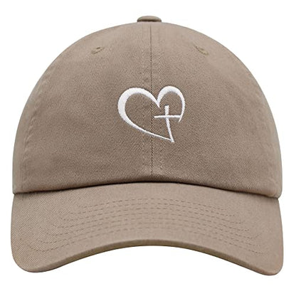 JPAK Heart and Cross Premium Dad Hat Embroidered Cotton Baseball Cap Christian Faith - color: Khaki