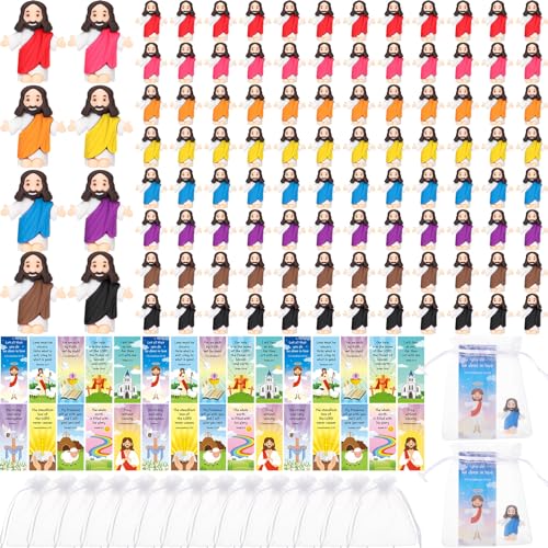 Barydat 100 Sets Mini Jesus Figurines Bulk Easter Gift Little Jesus Figures Tiny Toys Christ Savior Doll with Cards Bags for Religious Party Favors Sunday School Baptism Gift(Cute Style) - style: Cute Style