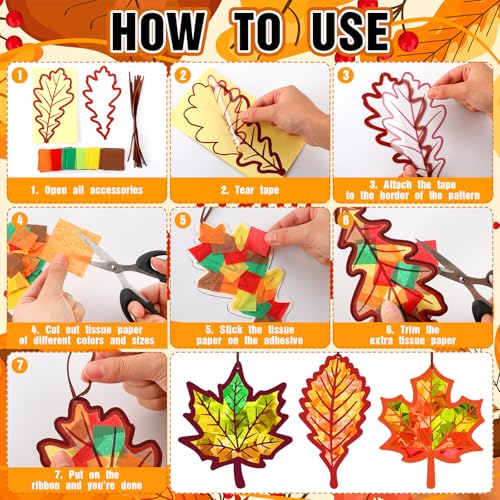 Motipuns 32 Sets Leaf Suncatcher Kits Fall Tissue Paper Stained Glass Art - style: Maple Leaf