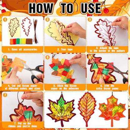 Motipuns 32 Sets Leaf Suncatcher Kits Fall Tissue Paper Stained Glass Art - style: Maple Leaf