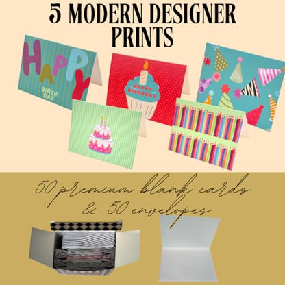 Premium Boxed Thank You Cards with Envelopes || 50 Count || 5 Modern Designer prints || Bulk Stationery Set for Clients, Weddings, Showers, Multi-Use || USA || Premium cardstock (Birthday)