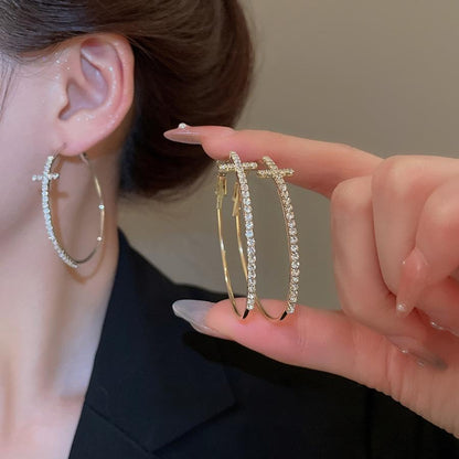 Cross Hoop Earrings for Women Trendy Large Cross Rhinestone Sparkly Hoop Earings Prom Wedding Party Formal Jewelry - color: silver W2