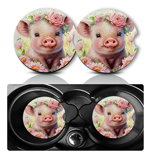 2Pcs Pig Car Coasters,2.75" Neoprene Rubber Cars Cup Holder Coasters - color: Pig