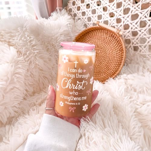 SANDJEST Christian Glass Can Tumbler 16oz, Inspirational Glass Cup with Lid & Straw, Iced Coffee Aesthetic Cups for Women Girls, Gifts Idea for Christmas Birthday - color: Christian 2