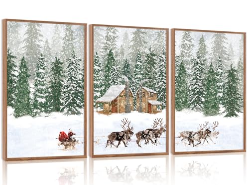 CHDITB 3 Pcs Santa Reindeer Sleigh Framed Canvas Wall Art 12x16 Inch - color: Santa Claus Reindeer Sleigh, size: 12"L x 16"W