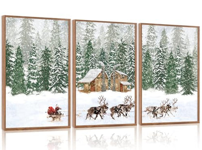 CHDITB 3 Pcs Santa Reindeer Sleigh Framed Canvas Wall Art 12x16 Inch - color: Santa Claus Reindeer Sleigh, size: 12"L x 16"W