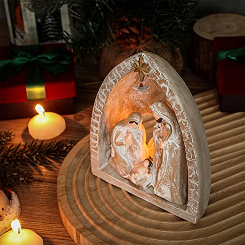 WILLBOND Nativity Sets for Christmas Indoor Holy Family Manger Scene Small Nativity Set with LED Lights Resin Figurine Tealight Candle Holder Tabletop Decor Gift for Holiday(10 x 8.3 x 5.9 Inch) - size: 10 x 8.3 x 5.9 Inch