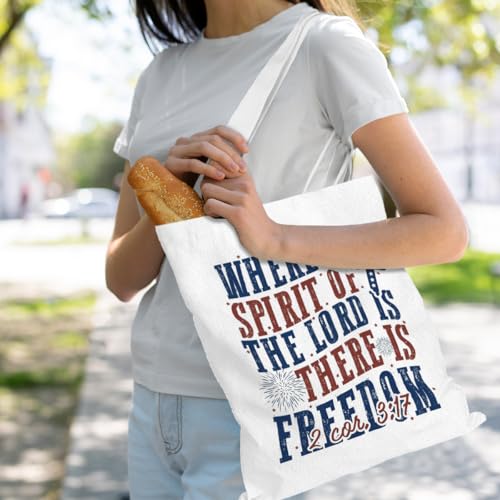 VICBOU Bible Verse Canvas Tote Bag Religious Christian Gifts for Women Men Faith Canvas Tote Reusable Grocery Bag - color: Freedom