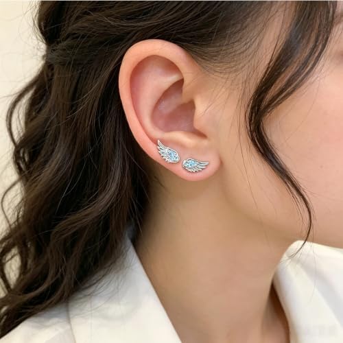 Angel Wing Earrings for Women Statement Flat Back Cartilage Stud Earrings Trendy Angel Wing Helix Piercing Stud Silver Cubic Zirconia Earring Jewelry Accessories - color: Blue