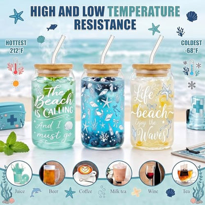 Glass Cups with Lids and Straws, 4Pack, 16oz, Seashell Ocean - color: Beach & Coastal