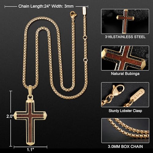 Wooden Cross Necklace for Men With Stainless steel And Black Ebony Adjustable Box Chain 24–26 inches Suitable for Everyday Wear And Christian Gifts for Men - color: Gold-C