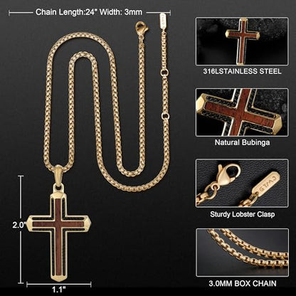 Wooden Cross Necklace for Men With Stainless steel And Black Ebony Adjustable Box Chain 24–26 inches Suitable for Everyday Wear And Christian Gifts for Men - color: Gold-C
