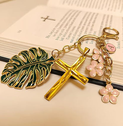 Cross Keychain for Women Jesus Christian Purse Bag Charms Key Charm Gifts for Women Purse Charms for Handbags - color: Gold Tone With Pink Flower