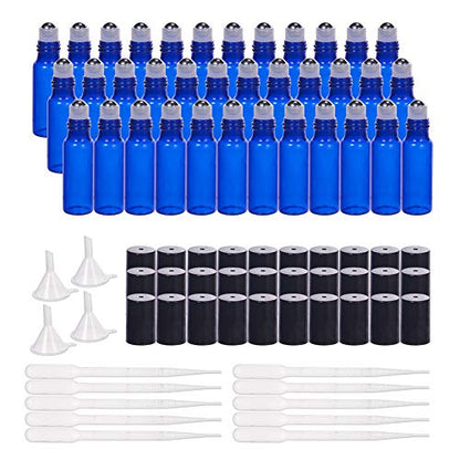 BENECREAT 30 Pack 5ml Coalt Blue Glass Roller Bottles with Stainless Steel Roller Balls, 10 Graduated Transfer Pipette and 4 Funnels for Essential Oils/Other Liquids - color: Blue, size: 5ml