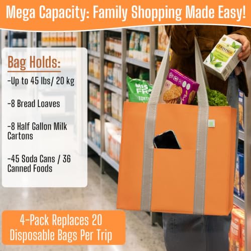 VENO 4 Pack Large Autumn Reusable Grocery Shopping Bags with Hard Bottom - color: Seasonal Autumn Orange
