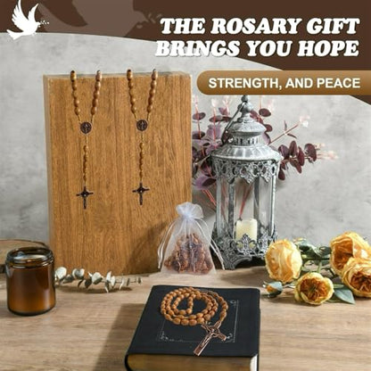 Bovemee Saint Benedict Medal Prayer Pocket Rosary Catholic Brown Wood Beads with Medalla de san benitol and Crucifix, 9 Inch - color: 12PCS Yellow Benedict NK