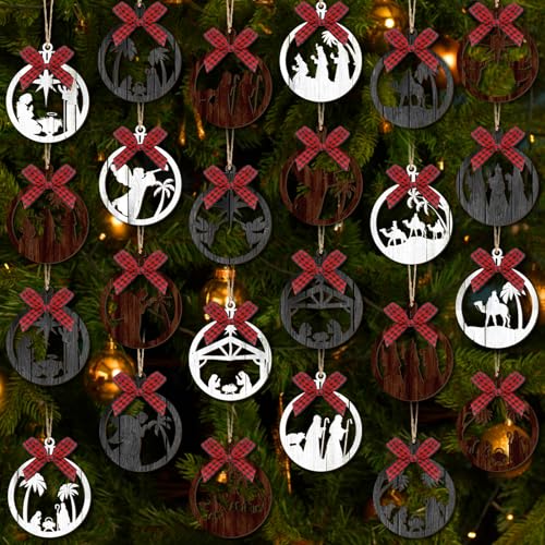 Soaoo 36 Pcs Christmas Nativity Ornaments, Winter Wood Tree Decor, Modern - style: Modern