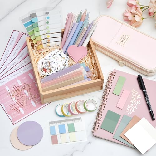 Jutom 110 Pcs Bible Study Supplies Bible Journaling Kit with Canvas Tote Bag Pen Case Notebook Highlighters Pen Sticky Note Tabs Page Markers Stickers Tape for Women Christian Christmas Gift(Pink) - color: Pink