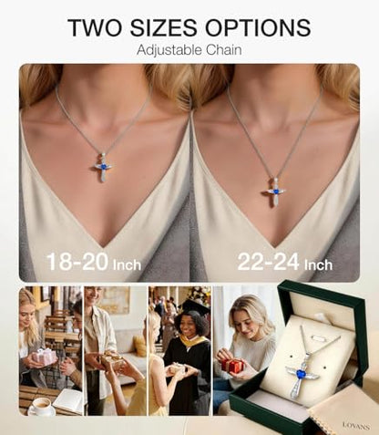 Lovans Cross Necklace for Women 925 Sterling Silver Angel Wings Pendant - color: White Gold+Blue CZ, size: 18"+2"