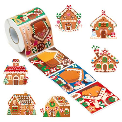 Haooryx Christmas DIY Gingerbread Stickers - 300pcs Self-Adhesive Christmas Make a Gingerbread House Sticker Roll Make Your Own Sticker GiftWrap Decals DIY Art Craft Winter Xmas New Year Gift Wrapping - style: Christmas Gingerbread House 1Roll