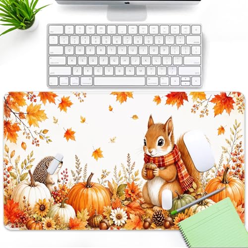 Britimes Large Mouse Pad, Mouse Pad, 31.5 x 15.7 Inch, Fall Woodland - color: Squirrel Hedgehog Pumpkin