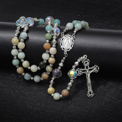 KOMI Gemstone Beadas Rosary Necklace Catholic for Women with Pouch