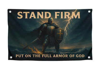 3x5 Feet Motivational Christian Flag Image Knight with Quote "Stand Firm – Put On the Full Armor of God" with 4 Brass Grommets - Single Sided Flag for Home Decor - Polyester Cool Tapestry for Bedroom