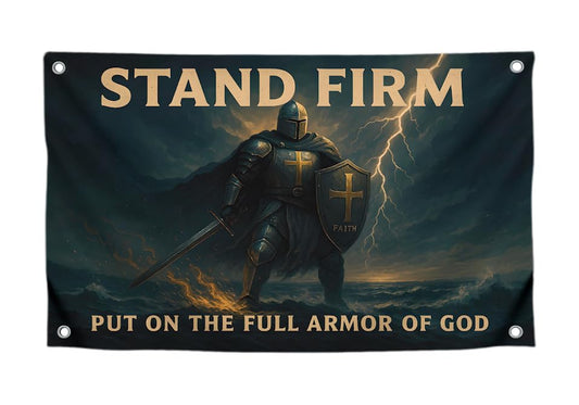 3x5 Feet Motivational Christian Flag Image Knight with Quote "Stand Firm – Put On the Full Armor of God" with 4 Brass Grommets - Single Sided Flag for Home Decor - Polyester Cool Tapestry for Bedroom