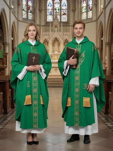 FAD-4U Church Catholic Priest Chasubles Vestments for Church Mass Vestments Robe with Stole - color: Green&gold