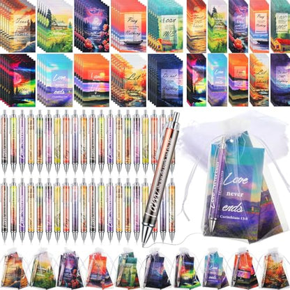 200 Pcs Christian Gift for Women Christian Accessories Include 50 Bible Verses Notebook 50 Church Bookmark 50 Ballpoint Pen Organza Bag Gift for Christmas Church Motivational (Scenery) - style: Scenery