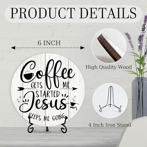 Coffee Bar Sign, Coffee Decorations for Coffee Bar, Christian Round Wood Plaque with Stand, Coffee Gets Me Started Jesus Keeps Me Going Themed Coffee Signs for Coffee Station Home Kitchen Office (06) - color: Coffee Gets Me Started Jesus Keeps Me Going