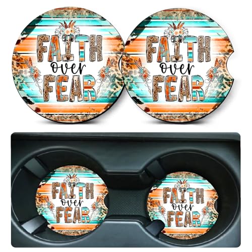 2 Pack Religion Car Cup Holder Coasters Universal Neoprene Coasters - color: Faith-fear