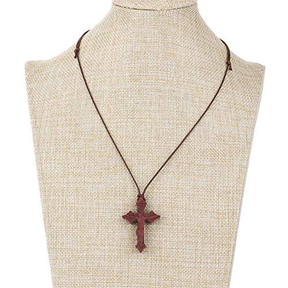 COTTVOTT Wood Orthodox Cross Pendant Necklace Christian Crucifix Necklace Prayer Jesus for Women Men - style: E-Red Color
