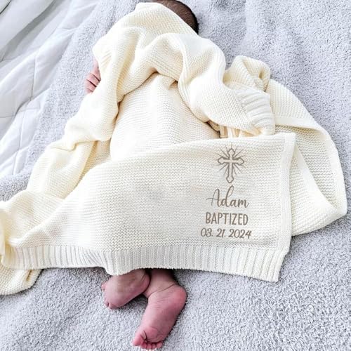 IZI POD Personalized Baby Baptism Knit Blanket, Custom Embroidered Boy Girl Christening Blanket, Custom Name and Date, Baptismal Keepsake, Gifts for Baby, Birthday, Baptized - Style 3 - color: Custom 10