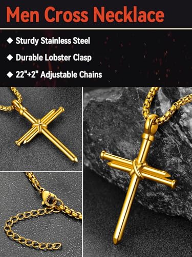 FaithHeart Stainless Steel Cross Necklace for Men, Silver/Black/Gold Cross Chains for Men Religious Amulet Necklaces Christian Gifts for Dad - style: Nail Cross-Gold