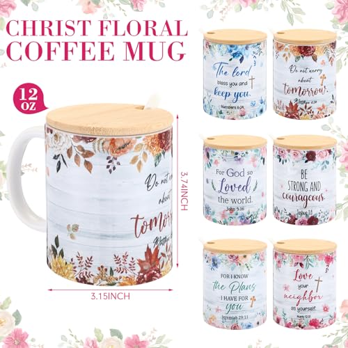 Remerry 6 Pcs Christian Women Bulk Gifts 12 oz Religious Coffee Mugs Cups Vintage Floral Ceramic Bible Verse Mugs with Lid Spoon for Sunday School Teachers Nurses Church Women Group Gifts(English) - style: English