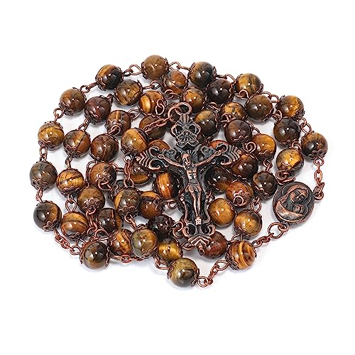 Nazareth Store Natural Stone Beads 8mm Rosary Necklace Antique Copper Design Holy Soil Medal & Cross in Velvet Bag - Catholic Rosaries Terra Santa Jerusalem Collection - color: Tiger Eye