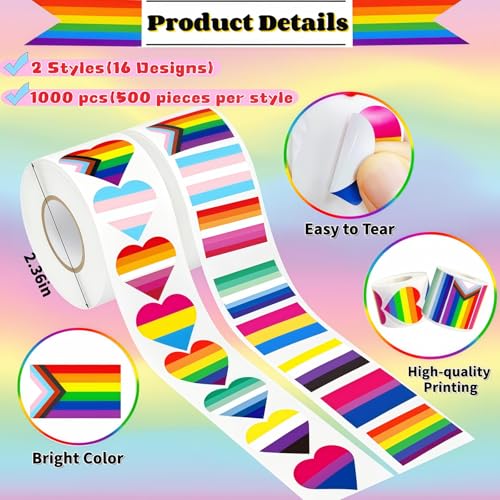 Pride Stickers 1000 PCS, Rainbow Heart & Flag LGBTQ Stickers for Transgender, Lesbian, Bi, Gay, Progress Pride, Pride Month,Parade Accessories, 16 Designs (500 Pieces Per Roll) - style: 1000 PCS Pride Stickers