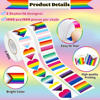 Pride Stickers 1000 PCS, Rainbow Heart & Flag LGBTQ Stickers for Transgender, Lesbian, Bi, Gay, Progress Pride, Pride Month,Parade Accessories, 16 Designs (500 Pieces Per Roll) - style: 1000 PCS Pride Stickers