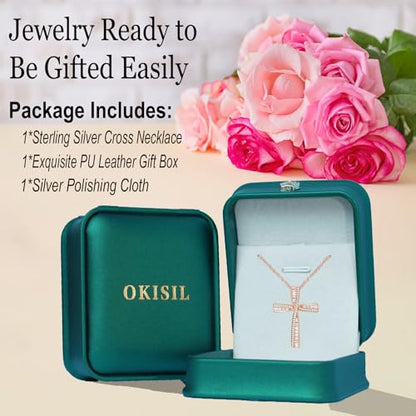Cross Necklace for Women, 925 Sterling Silver 18K Gold Plated Cross Necklaces for Women, Cross Pendant with 5A Cubic Zirconia Diamond, Birthday Christmas Jewelry Gifts for Women Her Wife - color: Rose gold