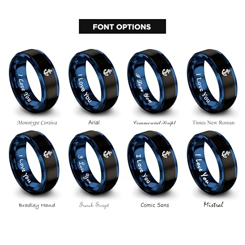 Gift for Nautical Fan - Anchor With Rope Ring - Men Women - Tungsten - Flat Dome Bevel - Band - Yellow Gold Black Silver Blue - Anniversary Wedding - 8mm - Brushed Polished - Personalized Custom Engra - color: 05 - Black Blue Tungsten
