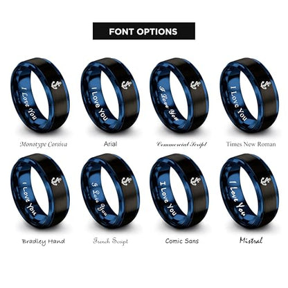 Gift for Nautical Fan - Anchor With Rope Ring - Men Women - Tungsten - Flat Dome Bevel - Band - Yellow Gold Black Silver Blue - Anniversary Wedding - 8mm - Brushed Polished - Personalized Custom Engra - color: 05 - Black Blue Tungsten