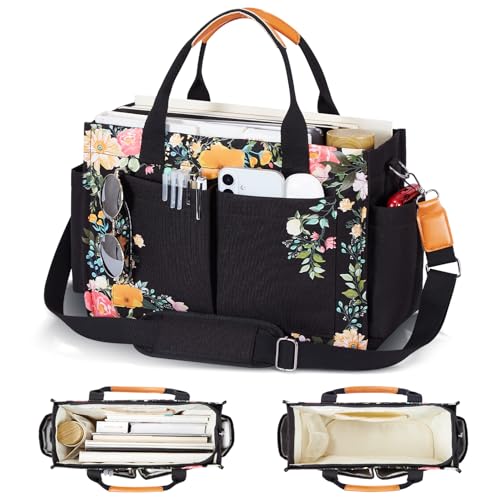 Janhavi Travel Tote Bag for Women with Zipper Closure & Shoulder Strap, Large Canvas Handbags for Bible Work Teacher Nurse - color: Black & Flower